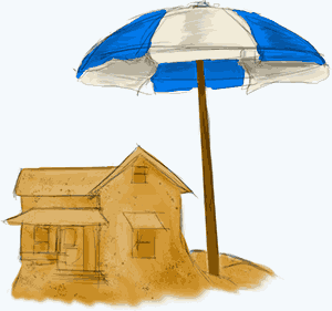 A house made of sand underneath an umbrella